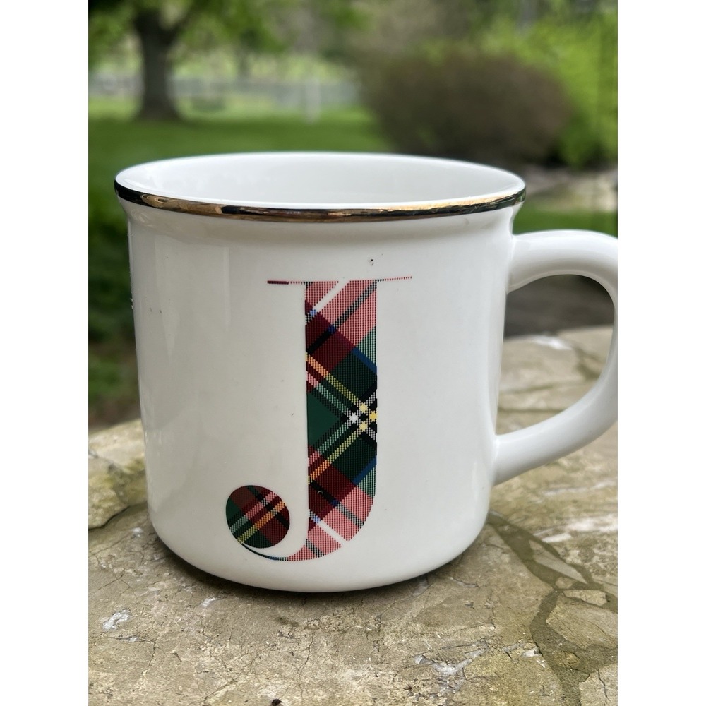 Pottery Barn Stewart Plaid Alphabet Stoneware Mug Featuring the‎ Letter "J"
